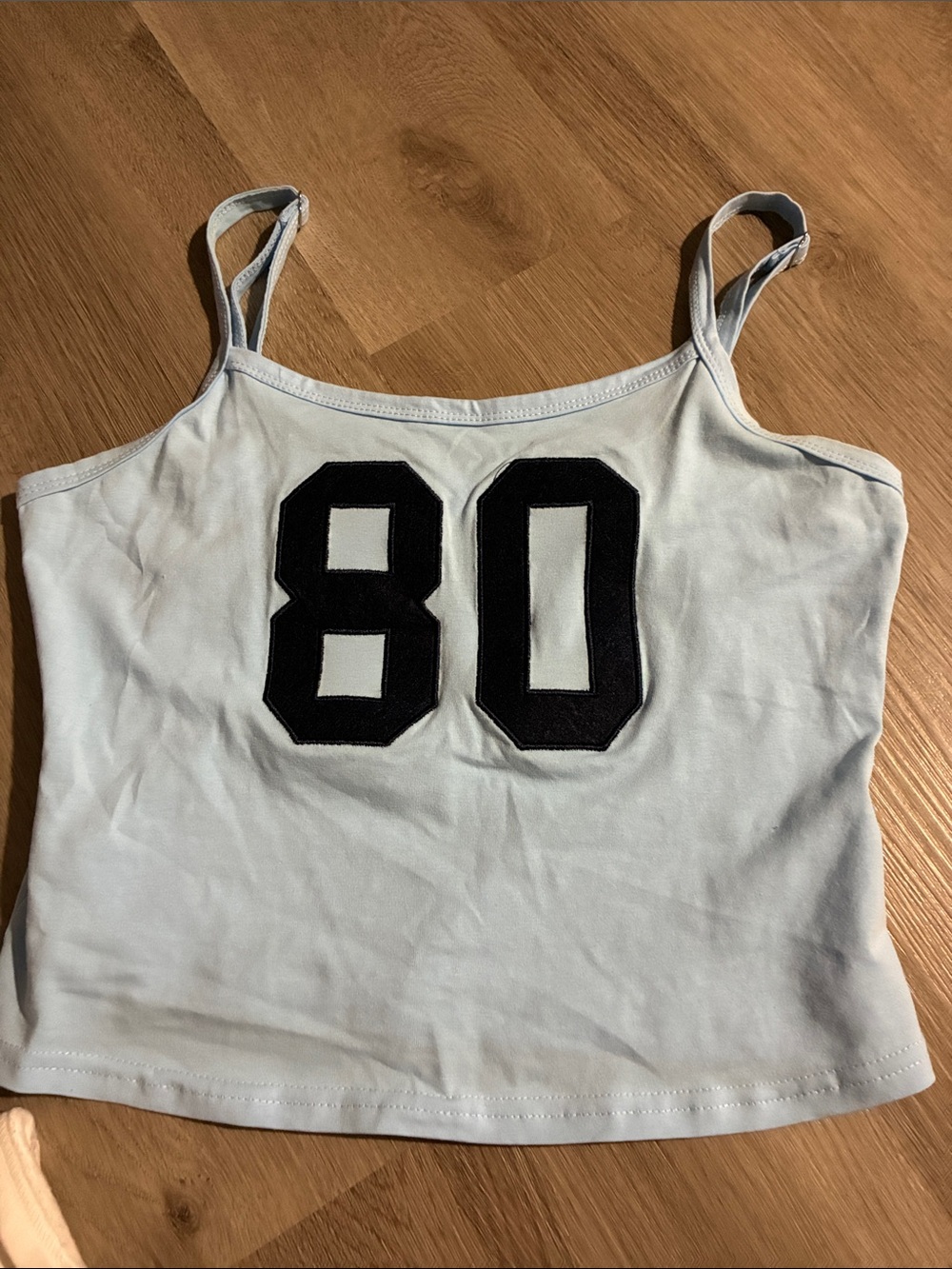 SHEIN Light Blue Spaghetti Strap Tank with Black '80' Patch